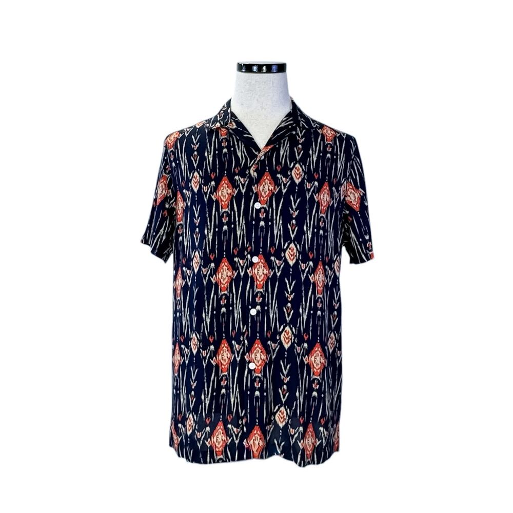 ASOS Design Men's Lightweight Abstract Ikat Button-Up Shirt Navy Orange XS